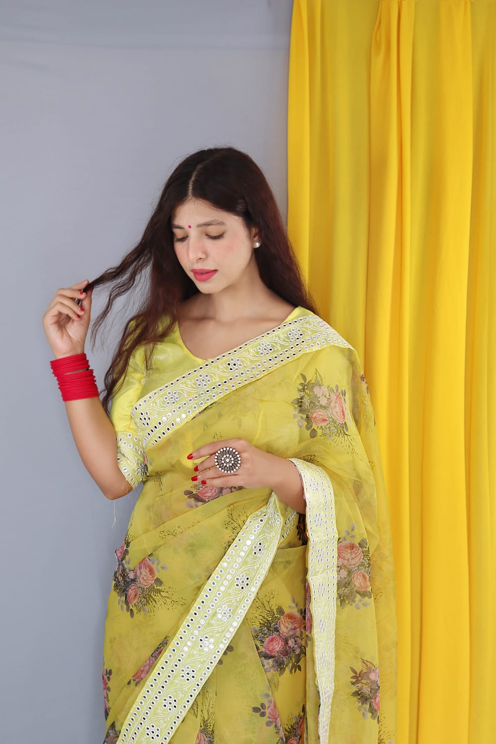 Organza Silk Digital Printed Saree With Sequence Gota Patti Border