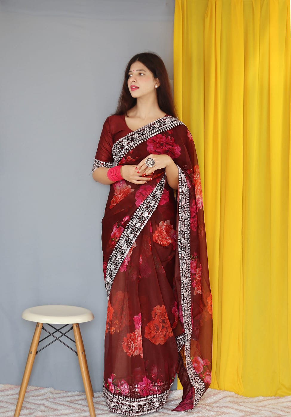 Organza Silk Digital Printed Saree With Sequence Gota Patti Border