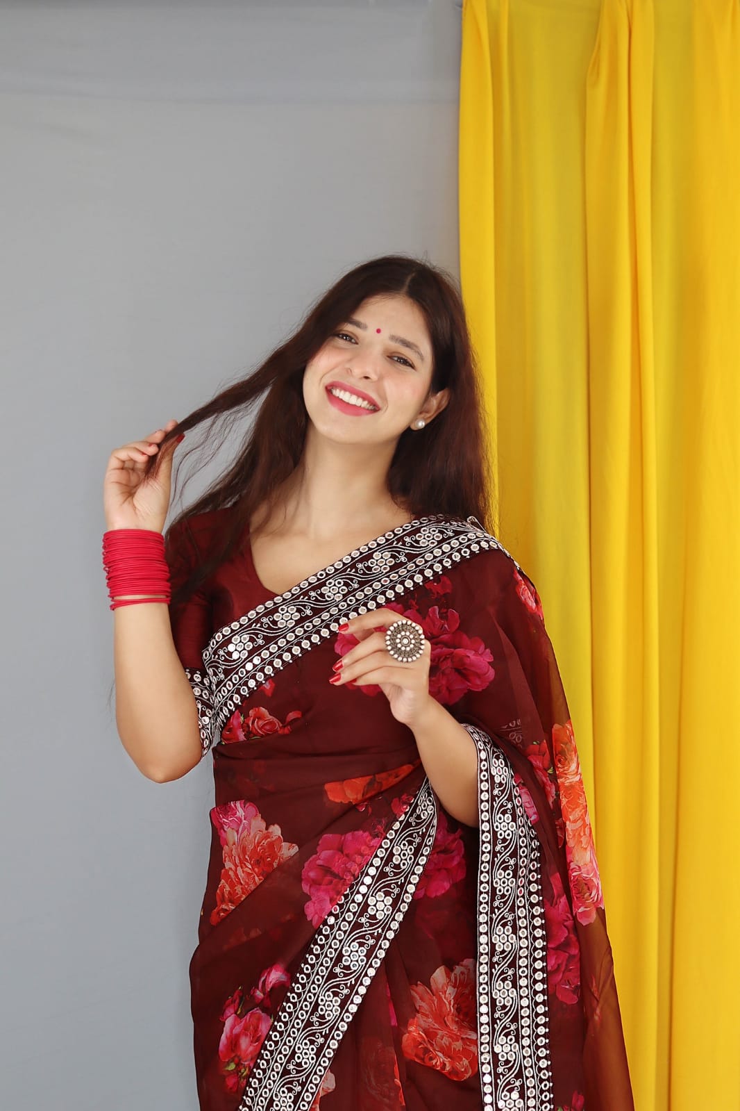 Organza Silk Digital Printed Saree With Sequence Gota Patti Border