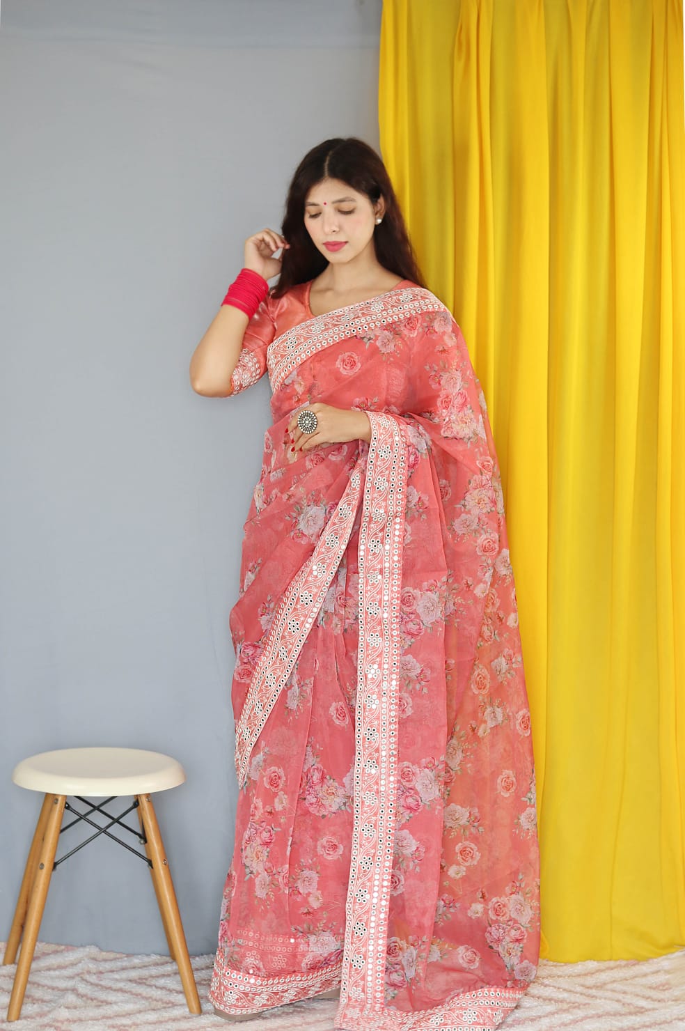 Organza Silk Digital Printed Saree With Sequence Gota Patti Border