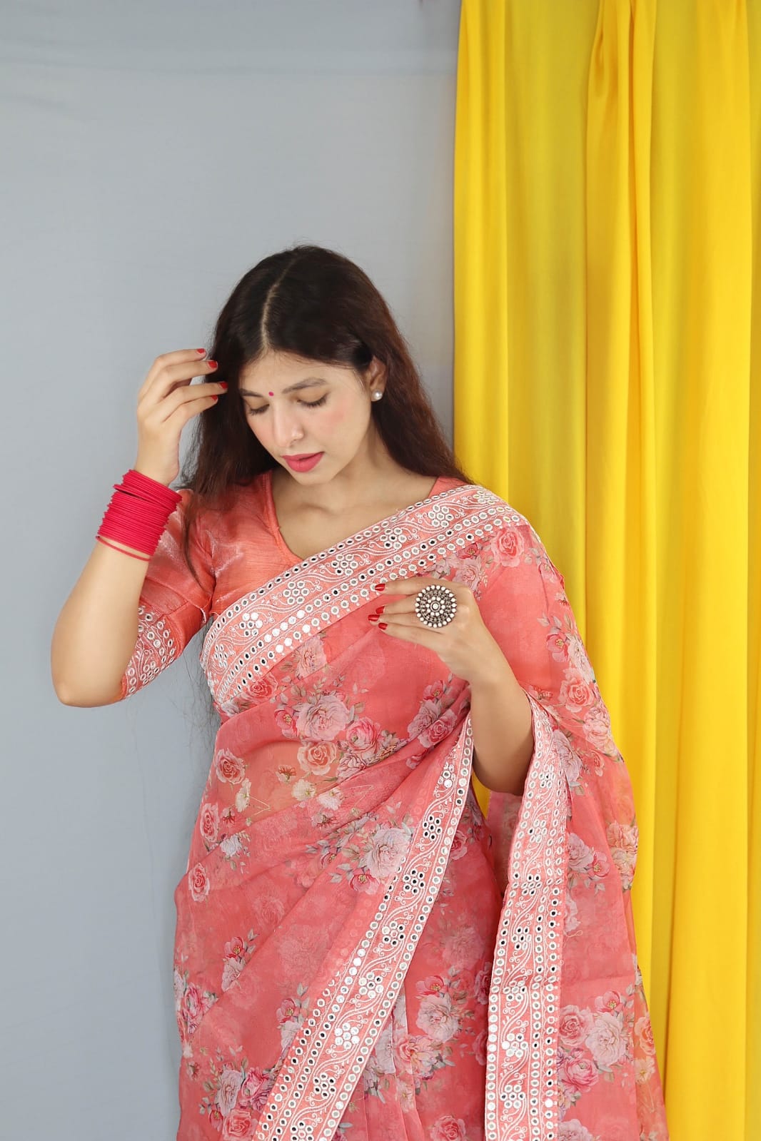 Organza Silk Digital Printed Saree With Sequence Gota Patti Border