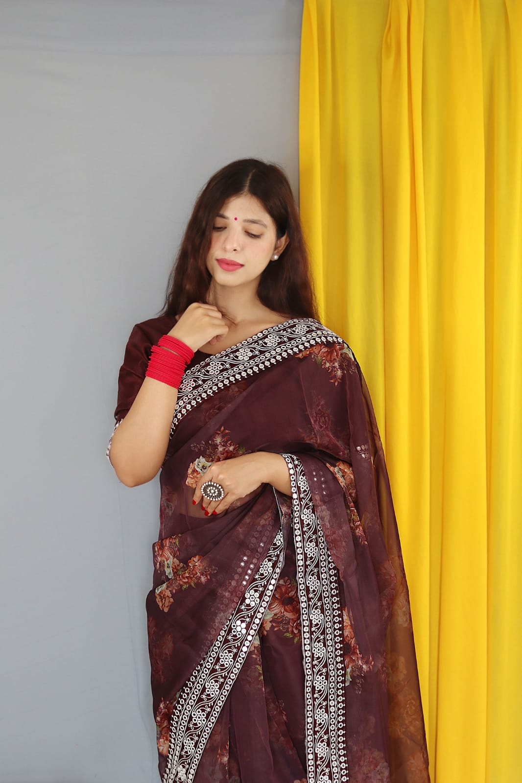 Organza Silk Digital Printed Saree With Sequence Gota Patti Border