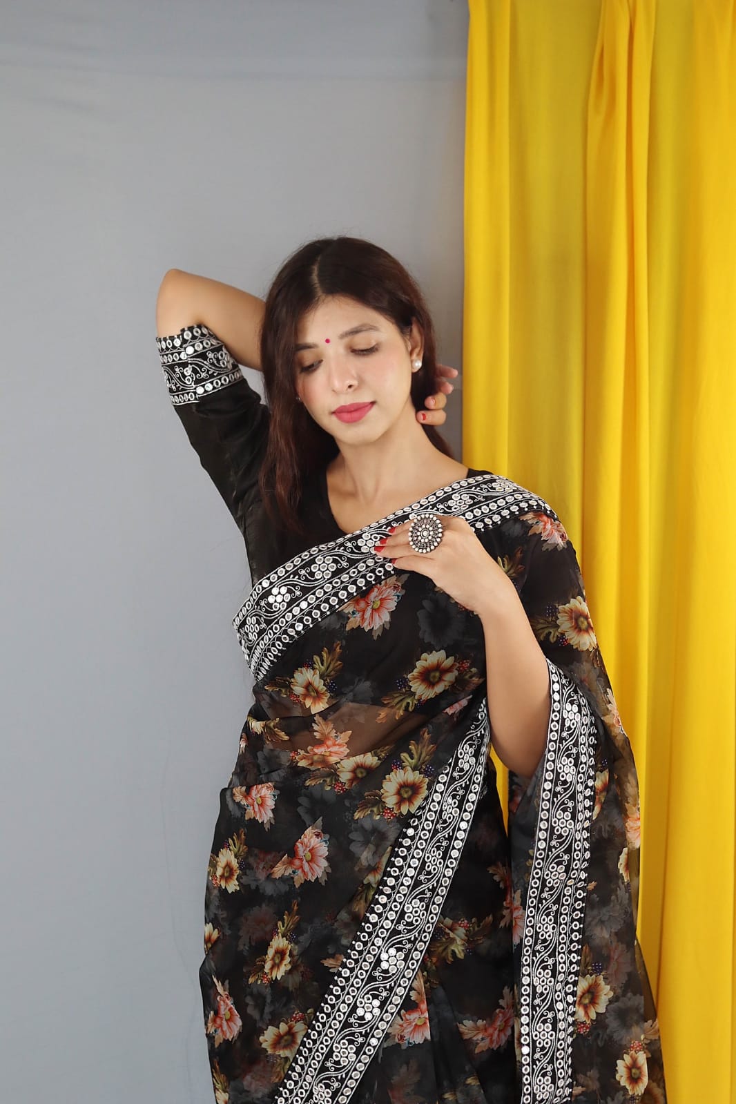 Organza Silk Digital Printed Saree With Sequence Gota Patti Border