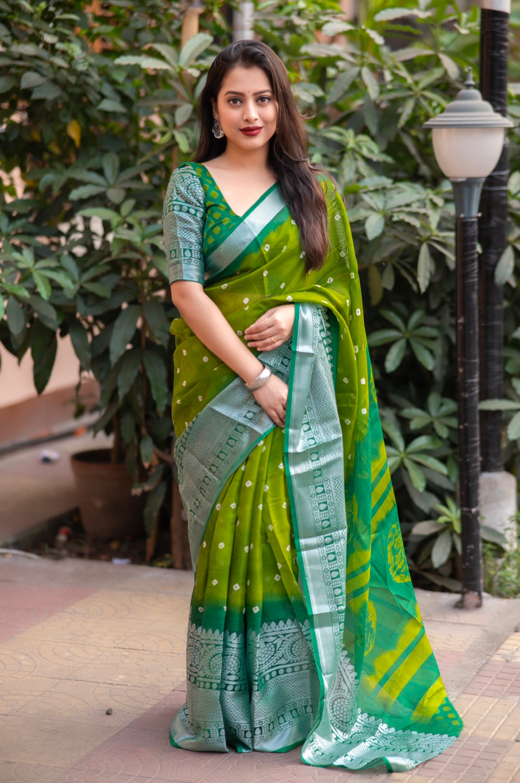 Linen Shibori Printed With Silver Zari Wide Border Saree