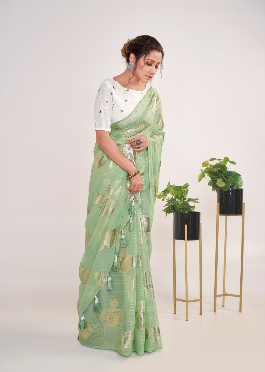 Georgette Ultra Soft Saree With Silver Zari Stripes And Boota