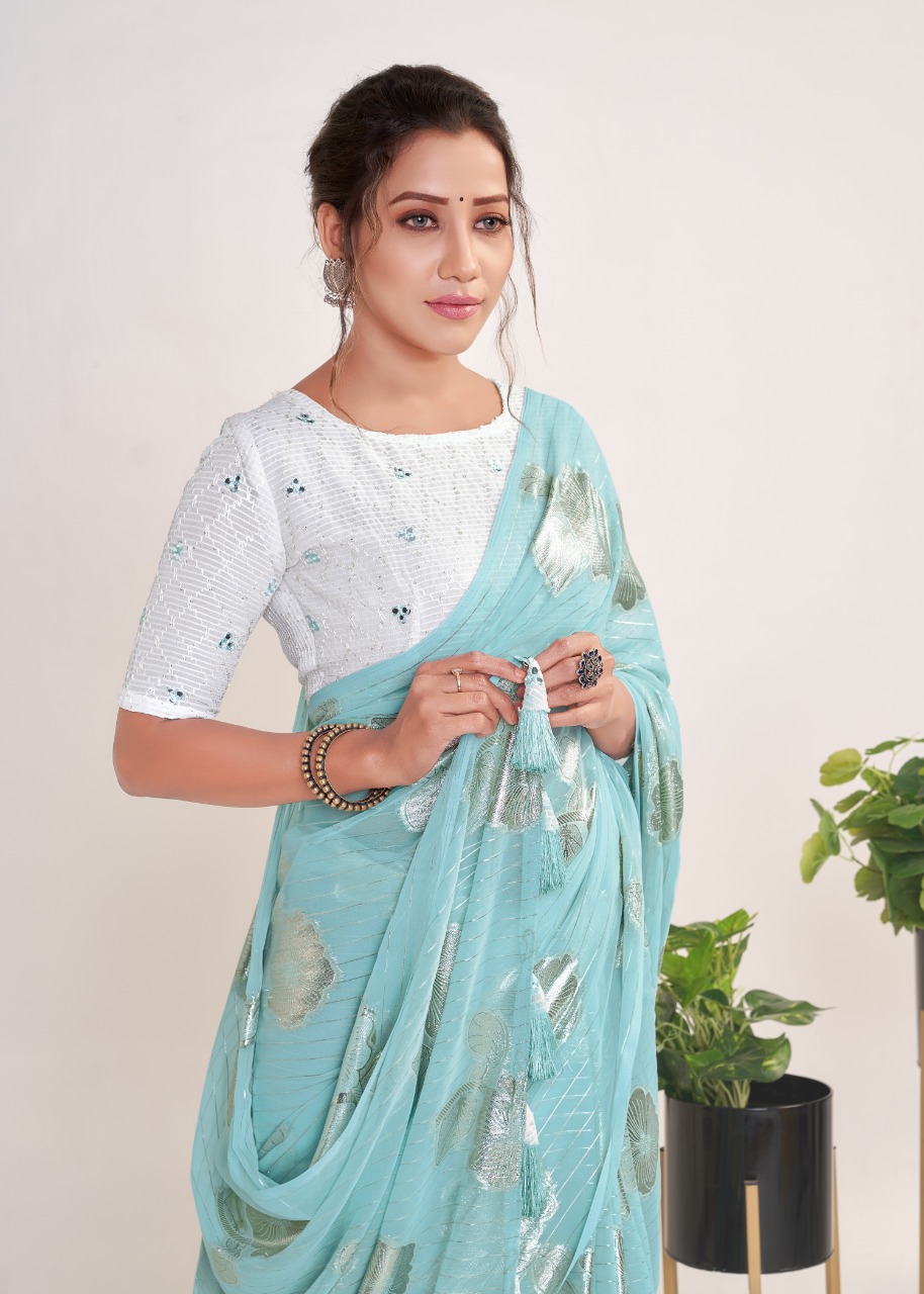 Georgette Ultra Soft Saree With Silver Zari Stripes And Boota