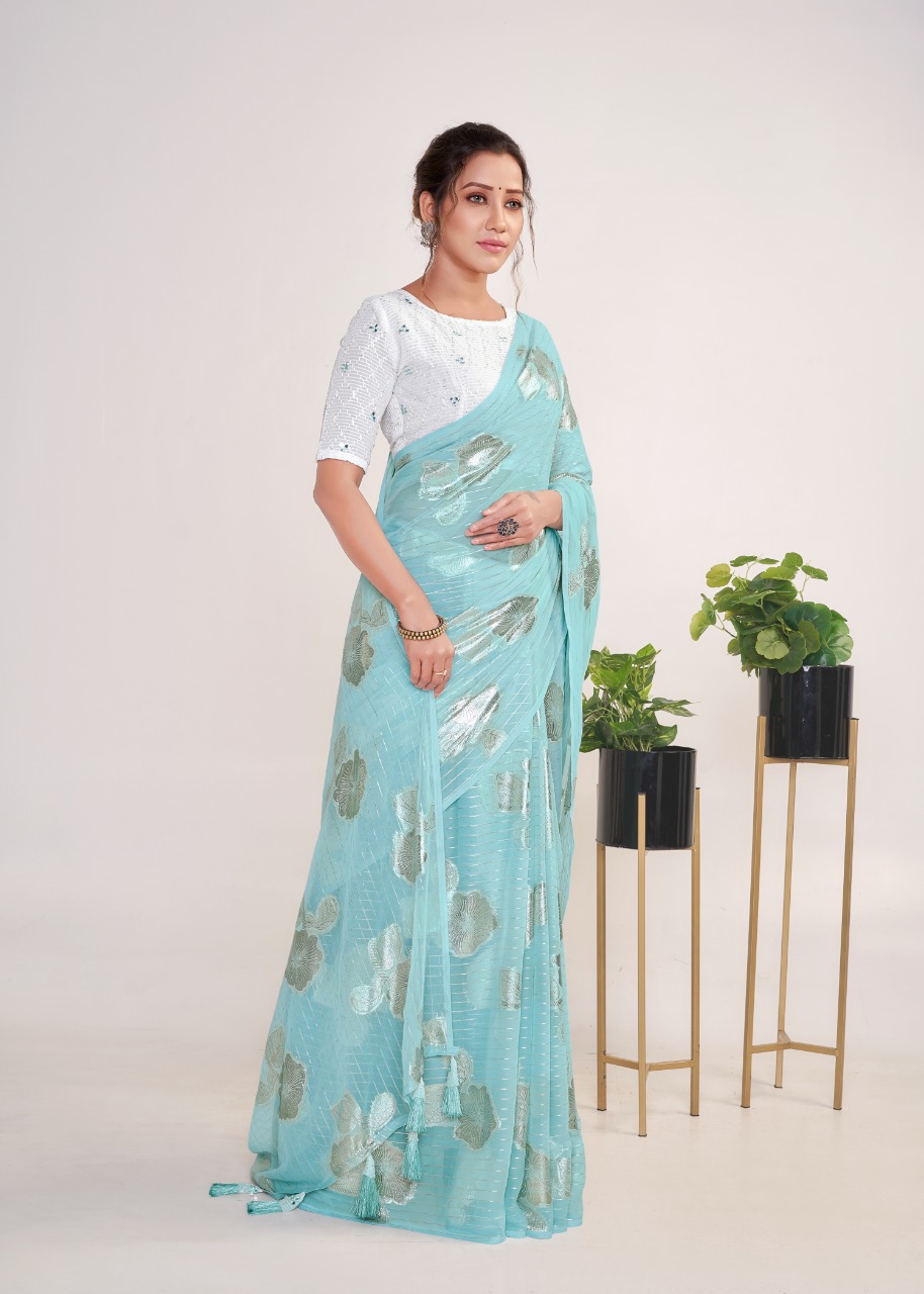 Georgette Ultra Soft Saree With Silver Zari Stripes And Boota
