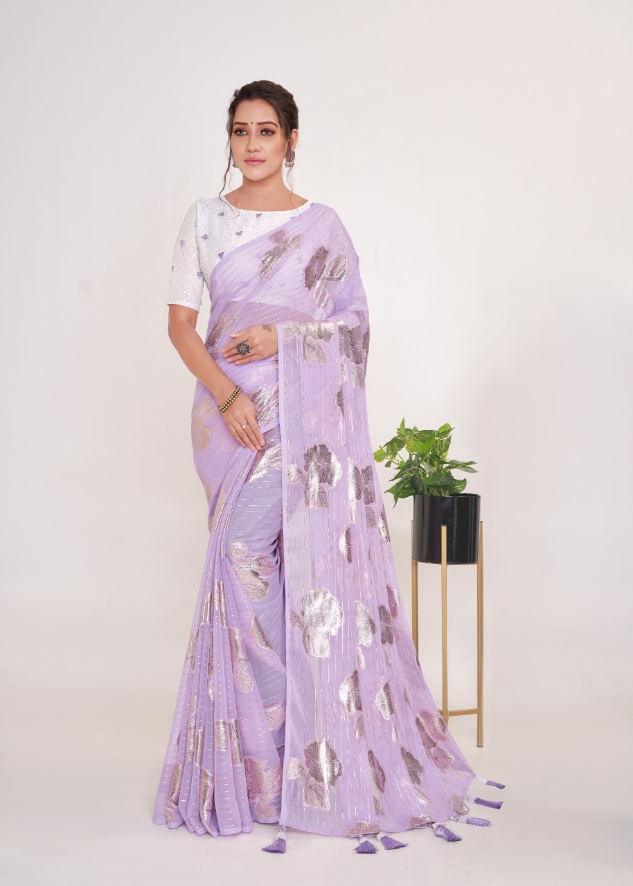 Georgette Ultra Soft Saree With Silver Zari Stripes And Boota