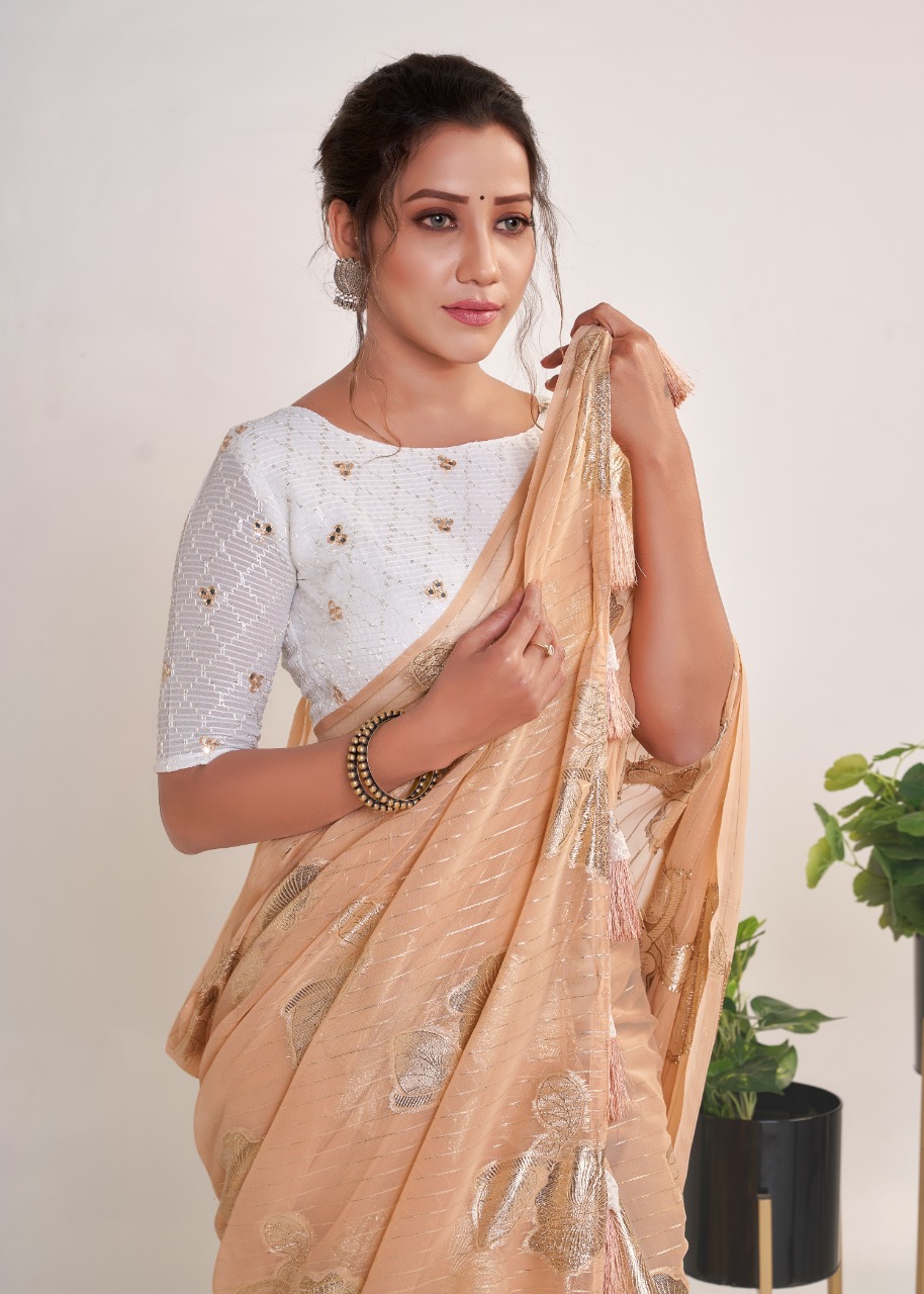 Georgette Ultra Soft Saree With Silver Zari Stripes And Boota
