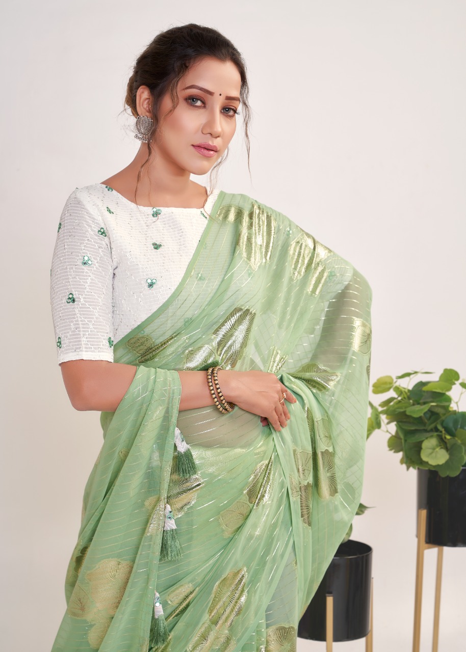 Georgette Ultra Soft Saree With Silver Zari Stripes And Boota