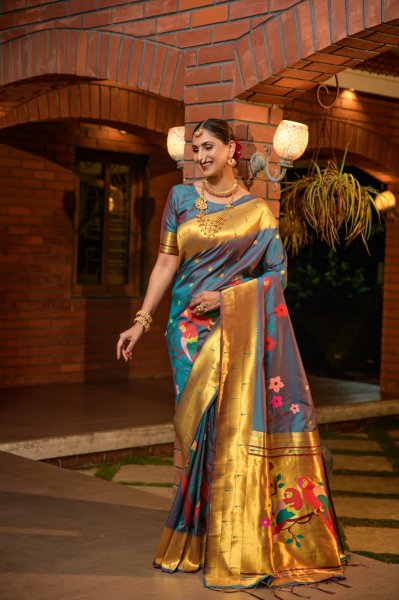 Image of Pure Banarasi Paithani Silk Meena And Zari Weaved Rich Pallu Saree