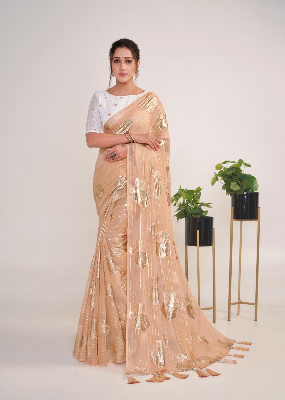Georgette Ultra Soft Saree With Silver Zari Stripes And Boota