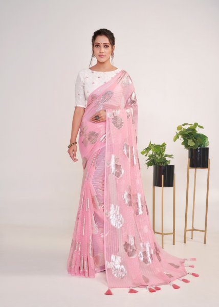 Image of Georgette Ultra Soft Saree With Silver Zari Stripes And Boota