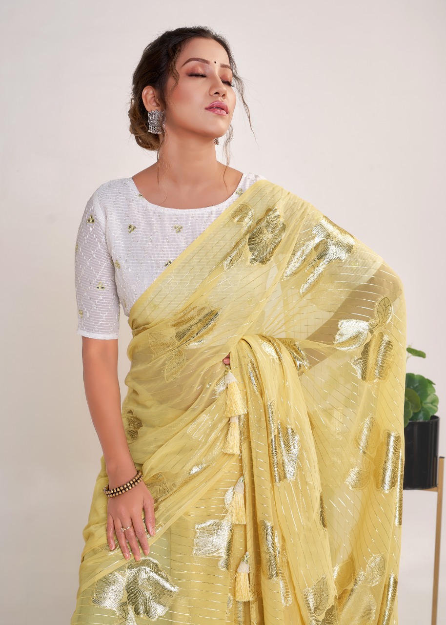 Georgette Ultra Soft Saree With Silver Zari Stripes And Boota