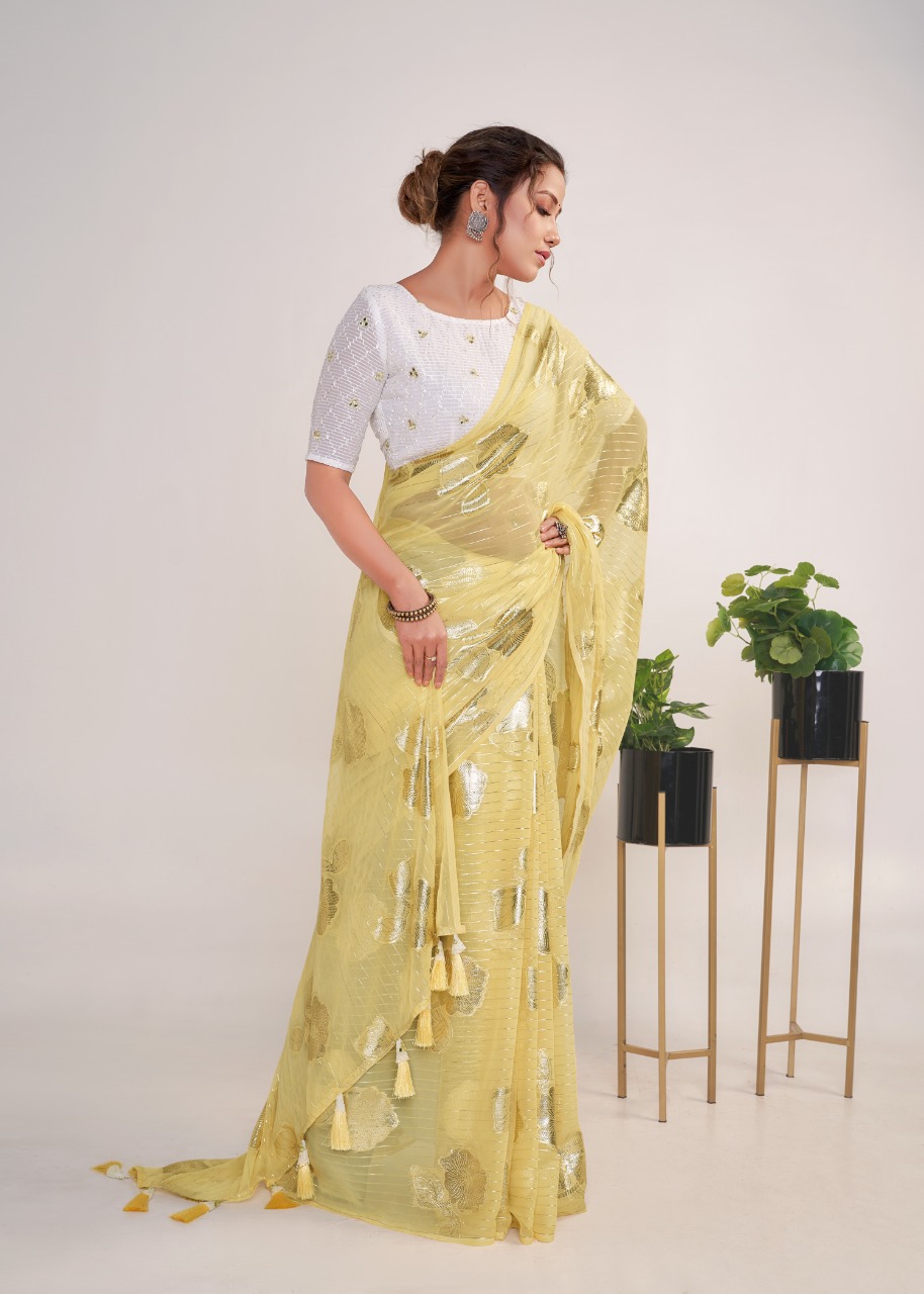 Georgette Ultra Soft Saree With Silver Zari Stripes And Boota