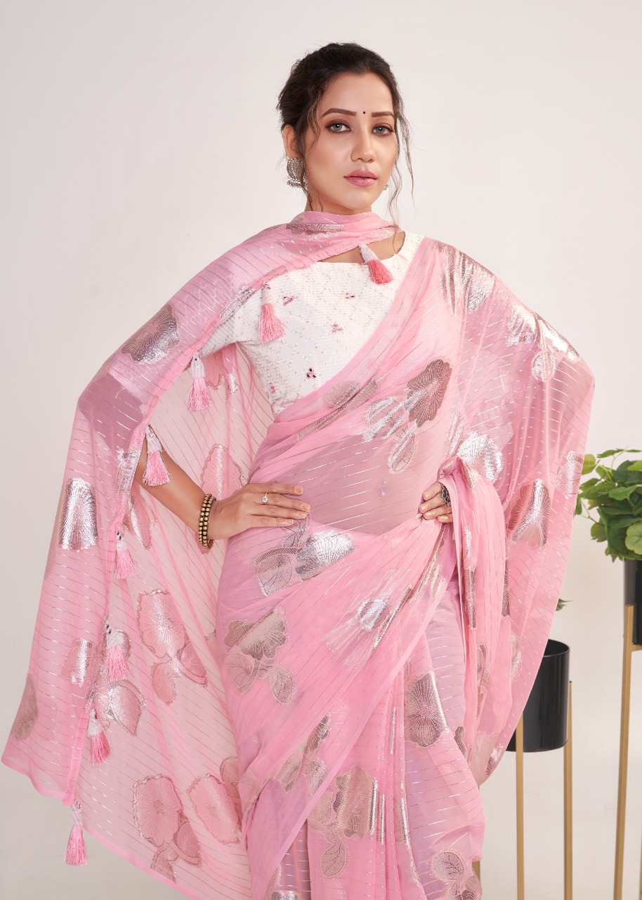 Georgette Ultra Soft Saree With Silver Zari Stripes And Boota