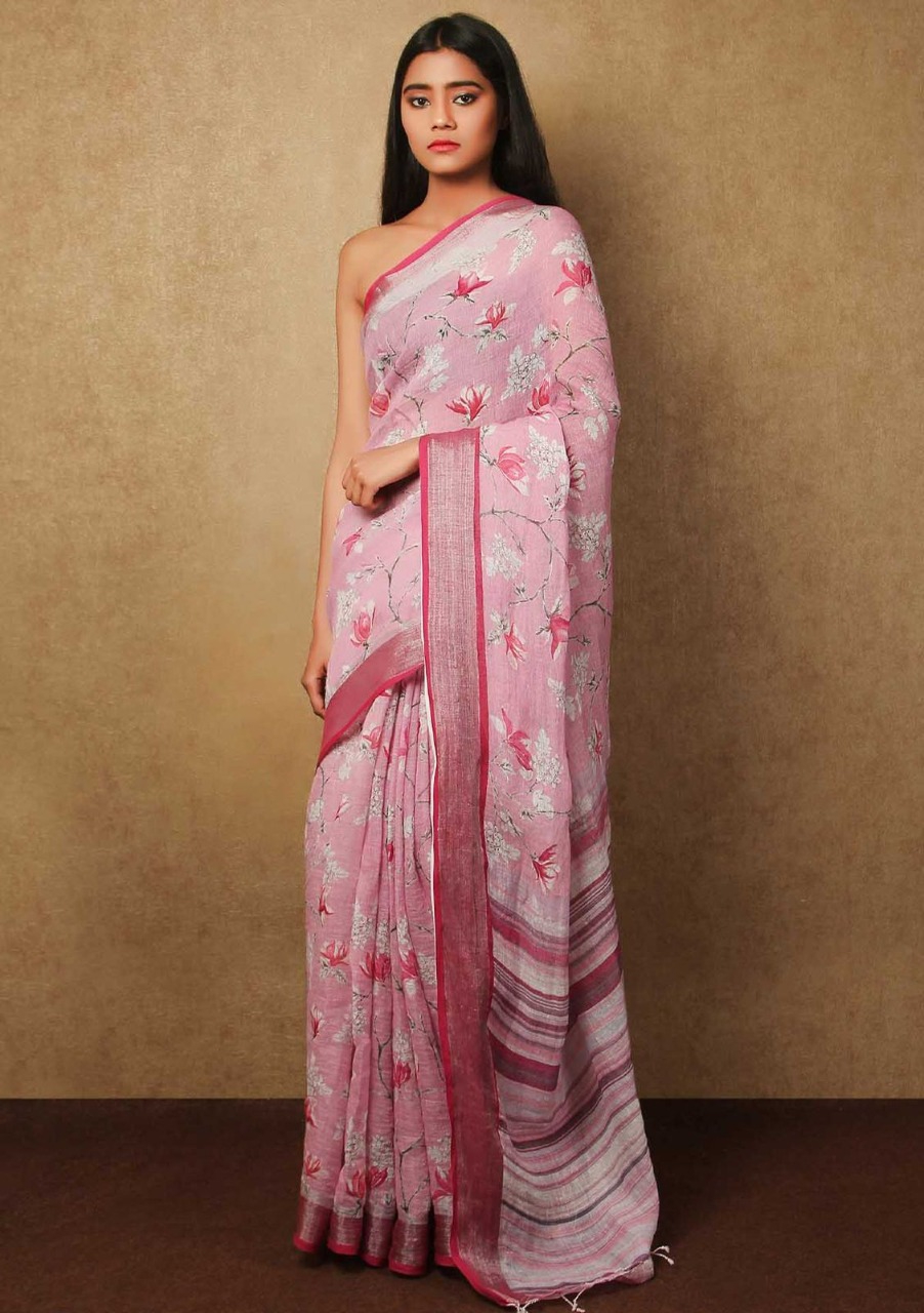 Pure Linen Digital Printed Saree With Tassels On Pallu