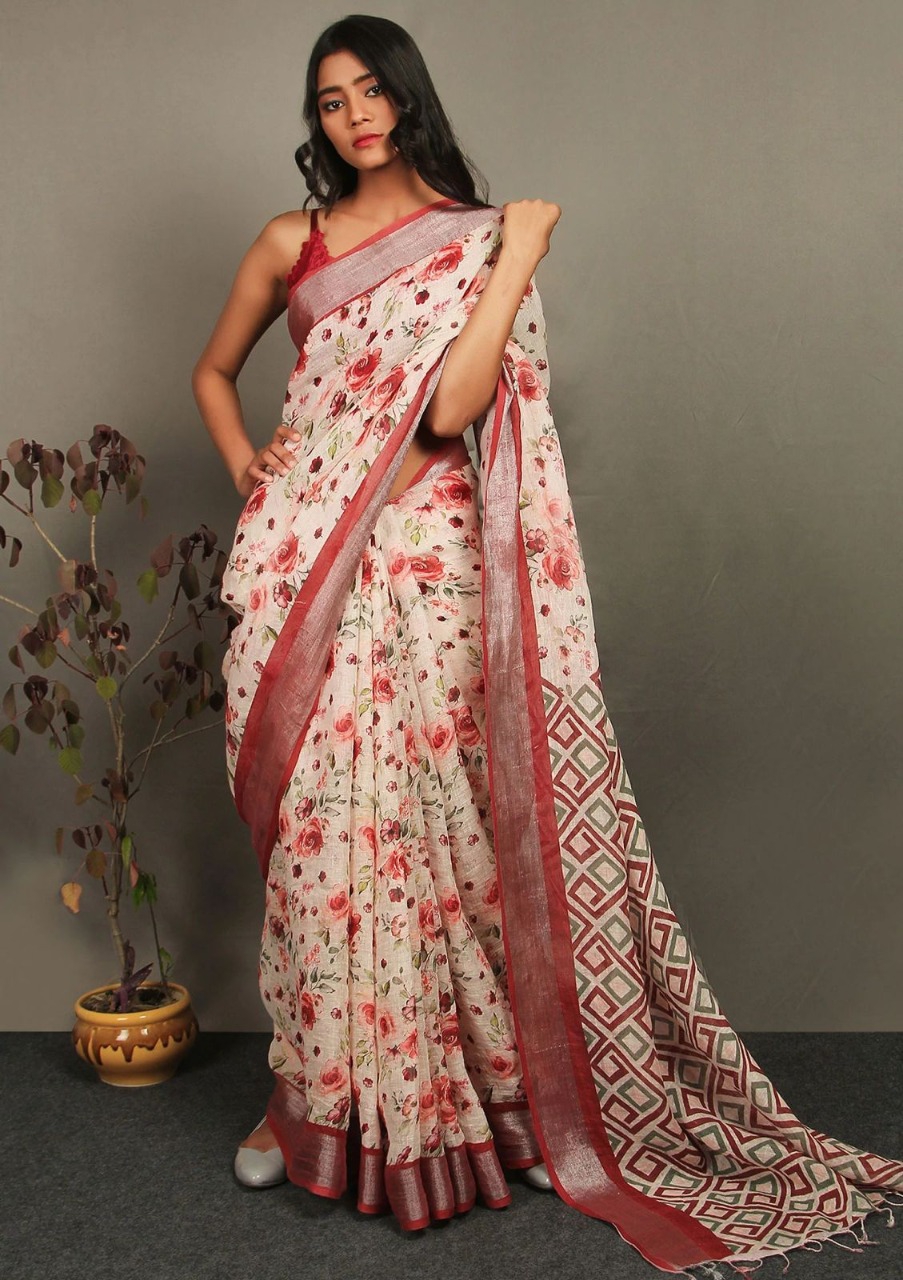 Pure Linen Digital Printed Saree With Tassels On Pallu
