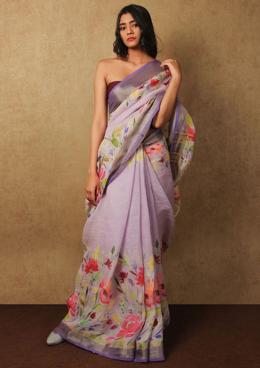 Pure Linen Digital Printed Saree With Tassels On Pallu