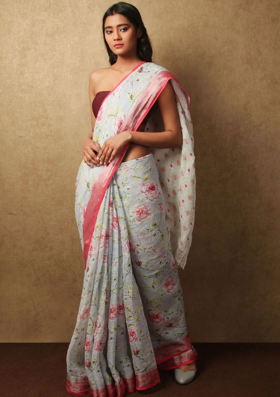 Pure Linen Digital Printed Saree With Tassels On Pallu