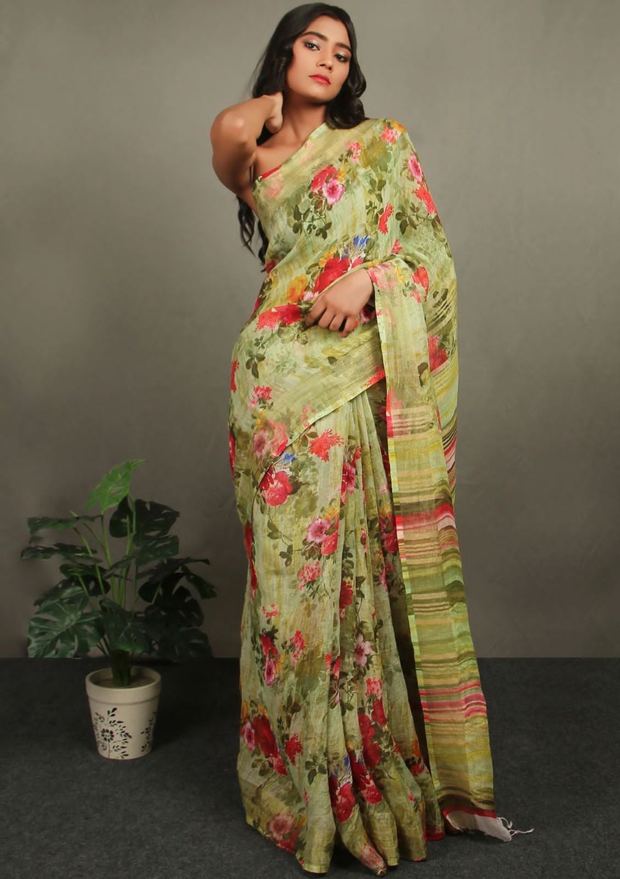 Pure Linen Digital Printed Saree With Tassels On Pallu