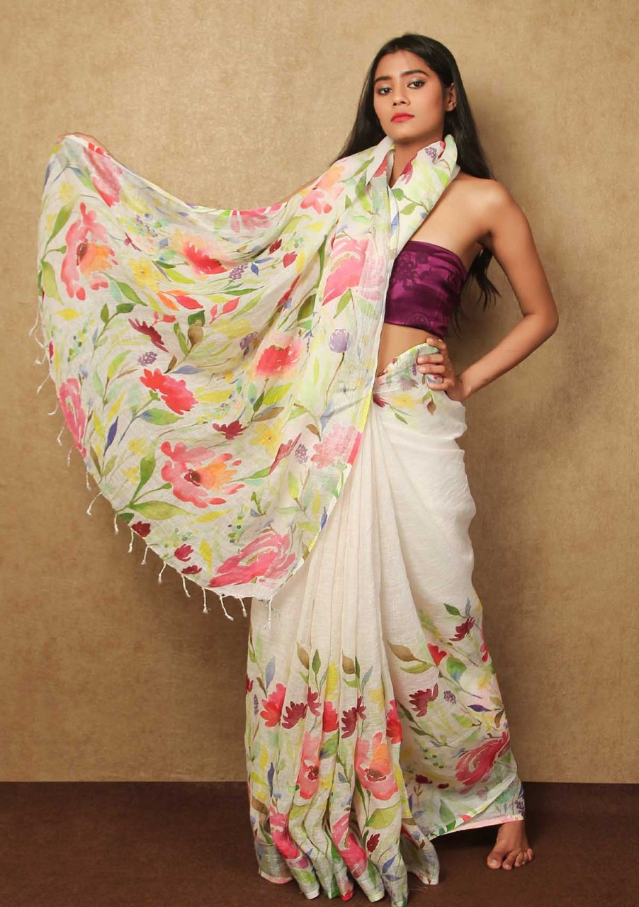 Pure Linen Digital Printed Saree With Tassels On Pallu