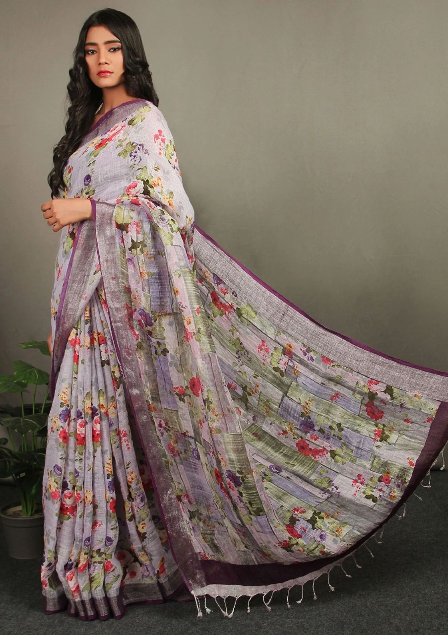 Pure Linen Digital Printed Saree With Tassels On Pallu