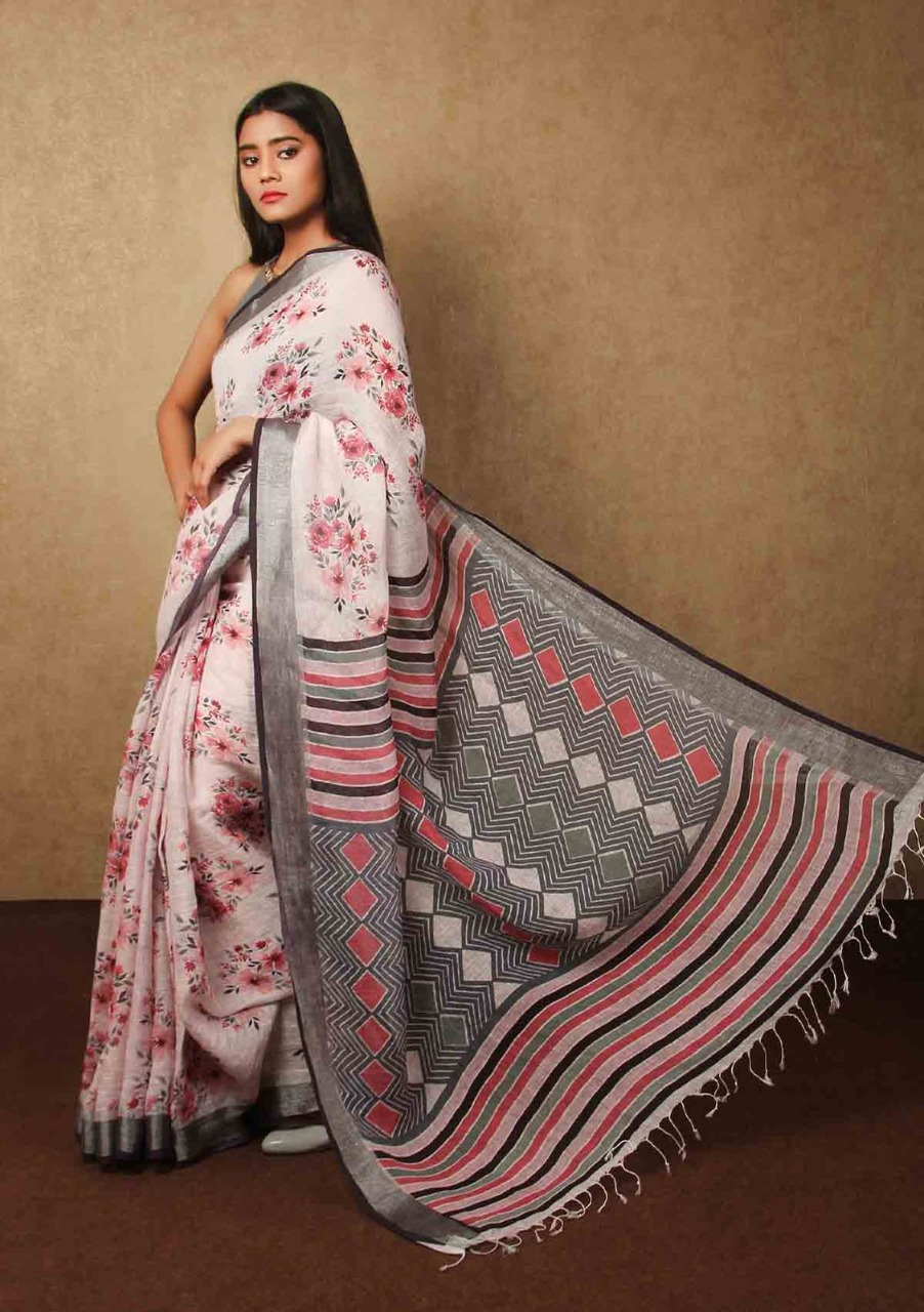 Pure Linen Digital Printed Saree With Tassels On Pallu