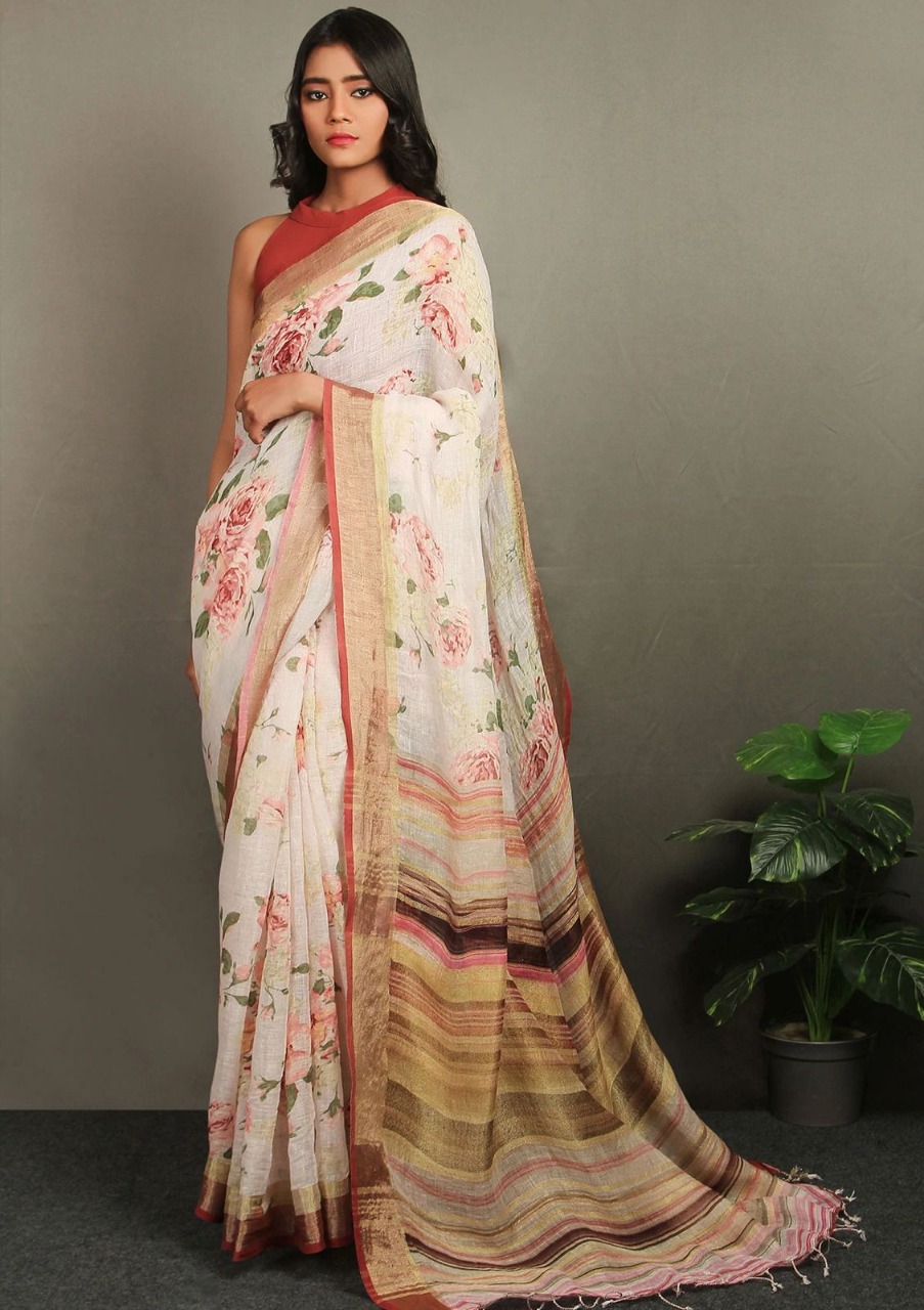 Pure Linen Digital Printed Saree With Tassels On Pallu