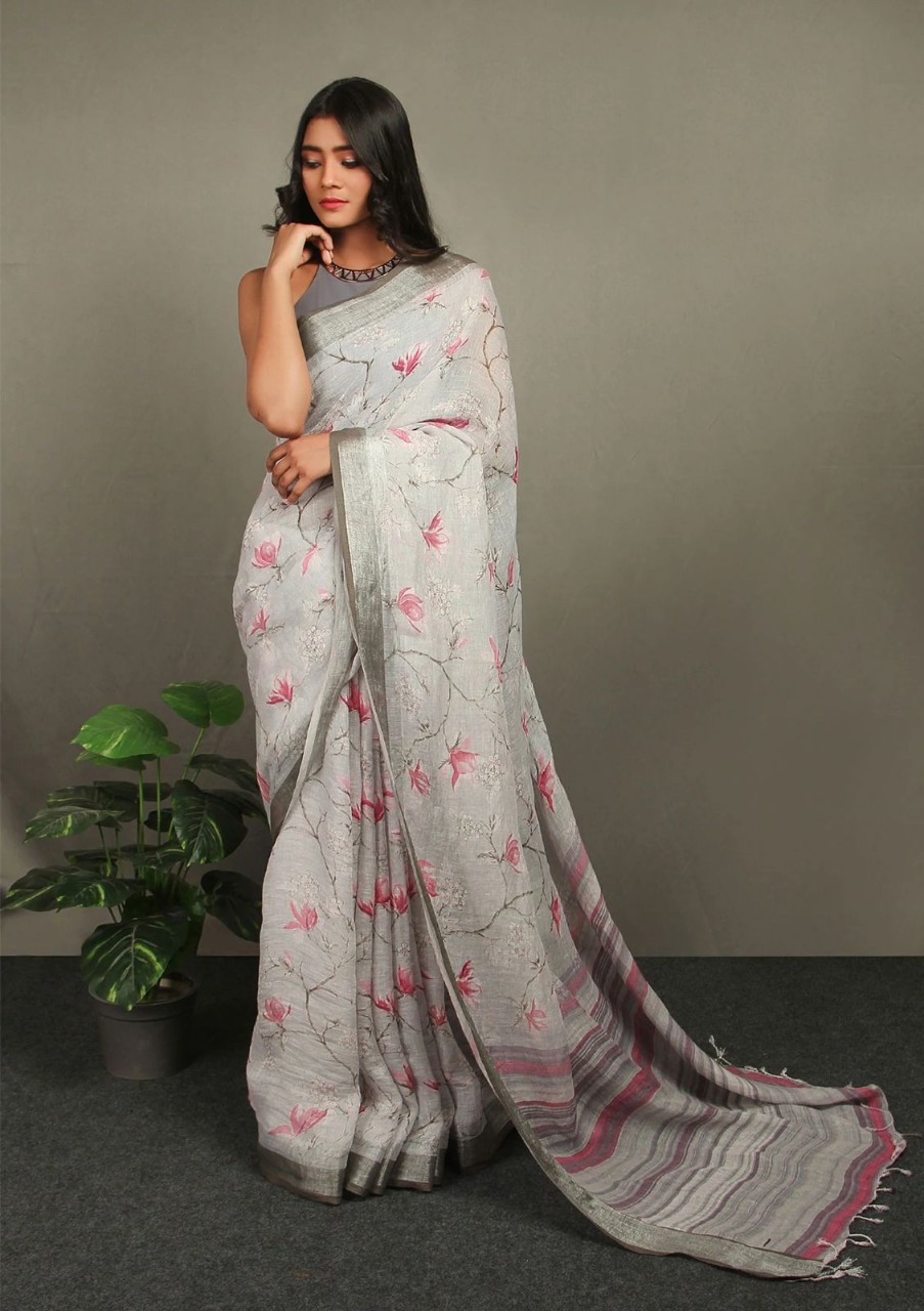 Pure Linen Digital Printed Saree With Tassels On Pallu