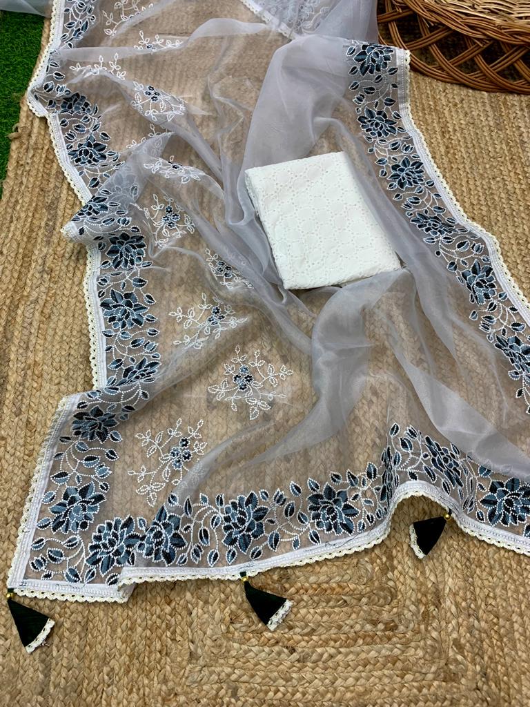 Pure Organza Silk Lucknavi Embroidery Work Saree