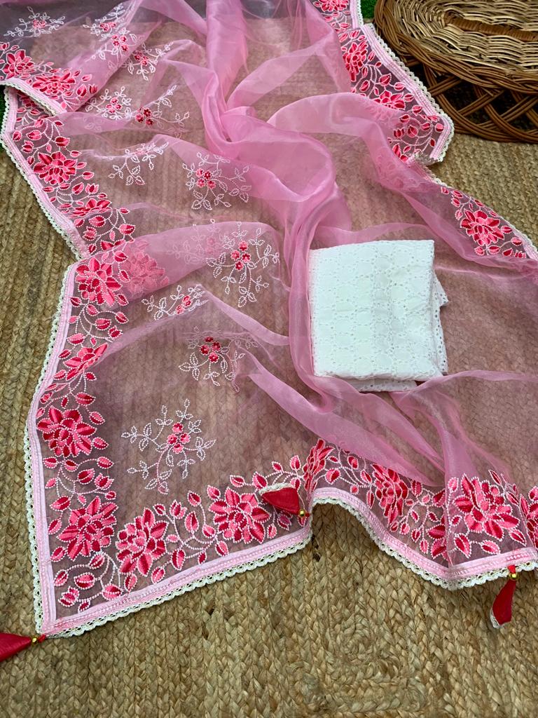 Pure Organza Silk Lucknavi Embroidery Work Saree