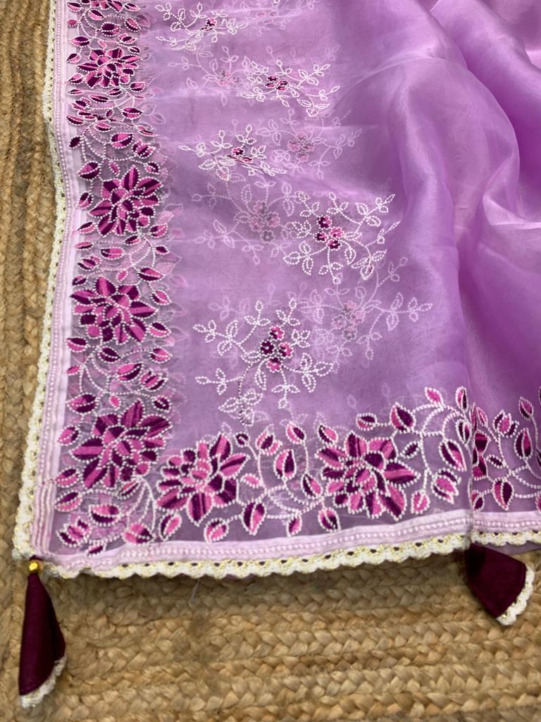 Pure Organza Silk Lucknavi Embroidery Work Saree