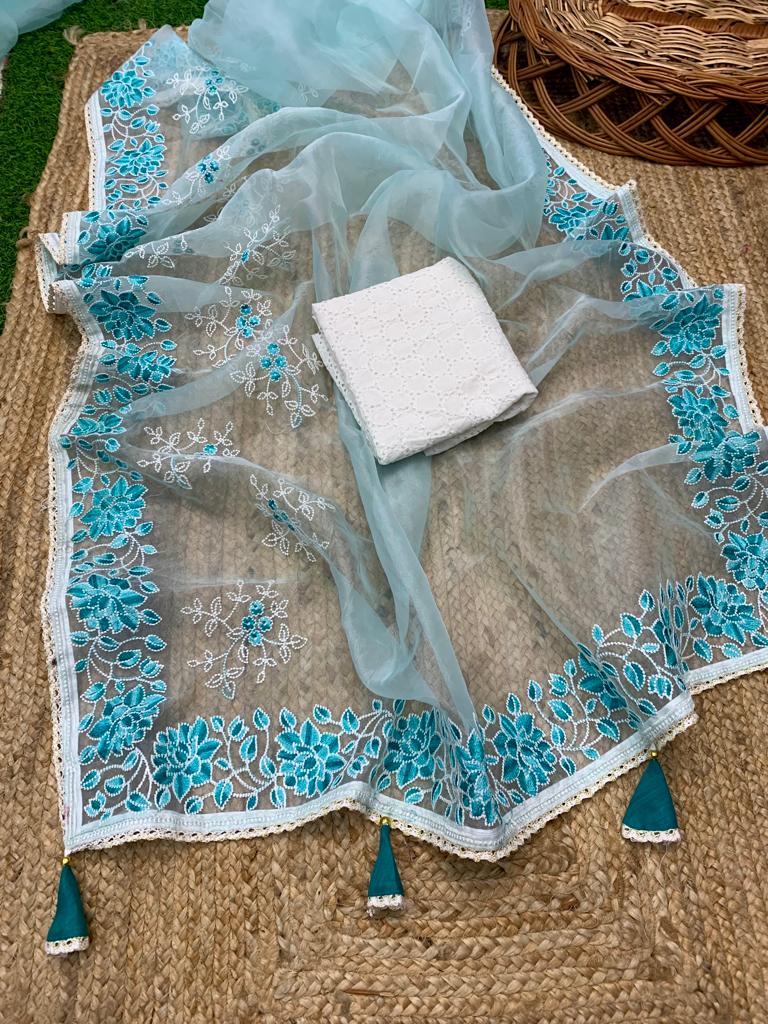 Pure Organza Silk Lucknavi Embroidery Work Saree