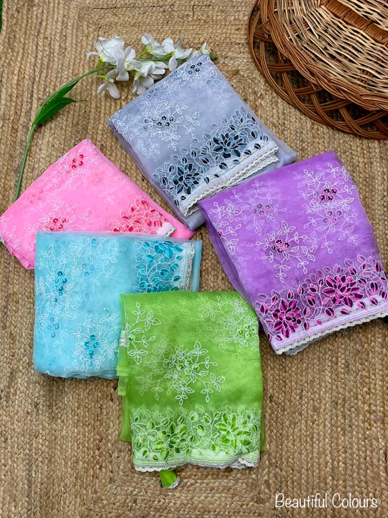 Pure Organza Silk Lucknavi Embroidery Work Saree