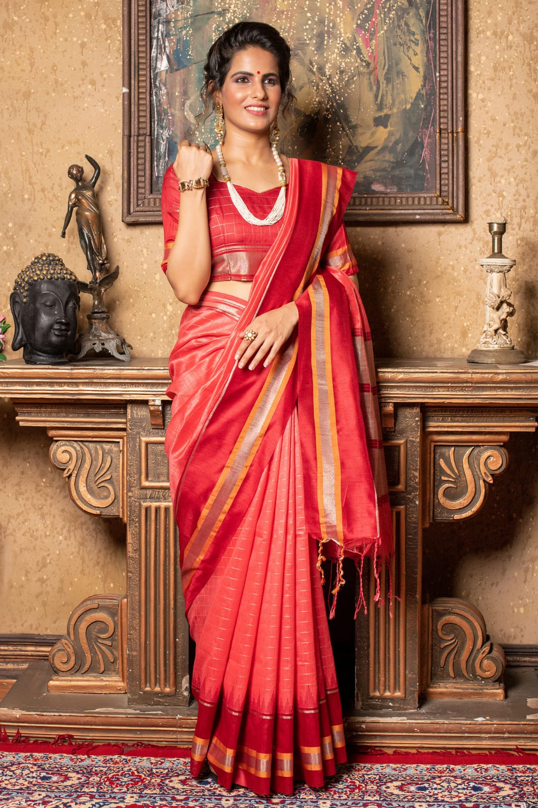 Pure Banarasi Raw Silk All Over Zari Checks With Temple Border Saree