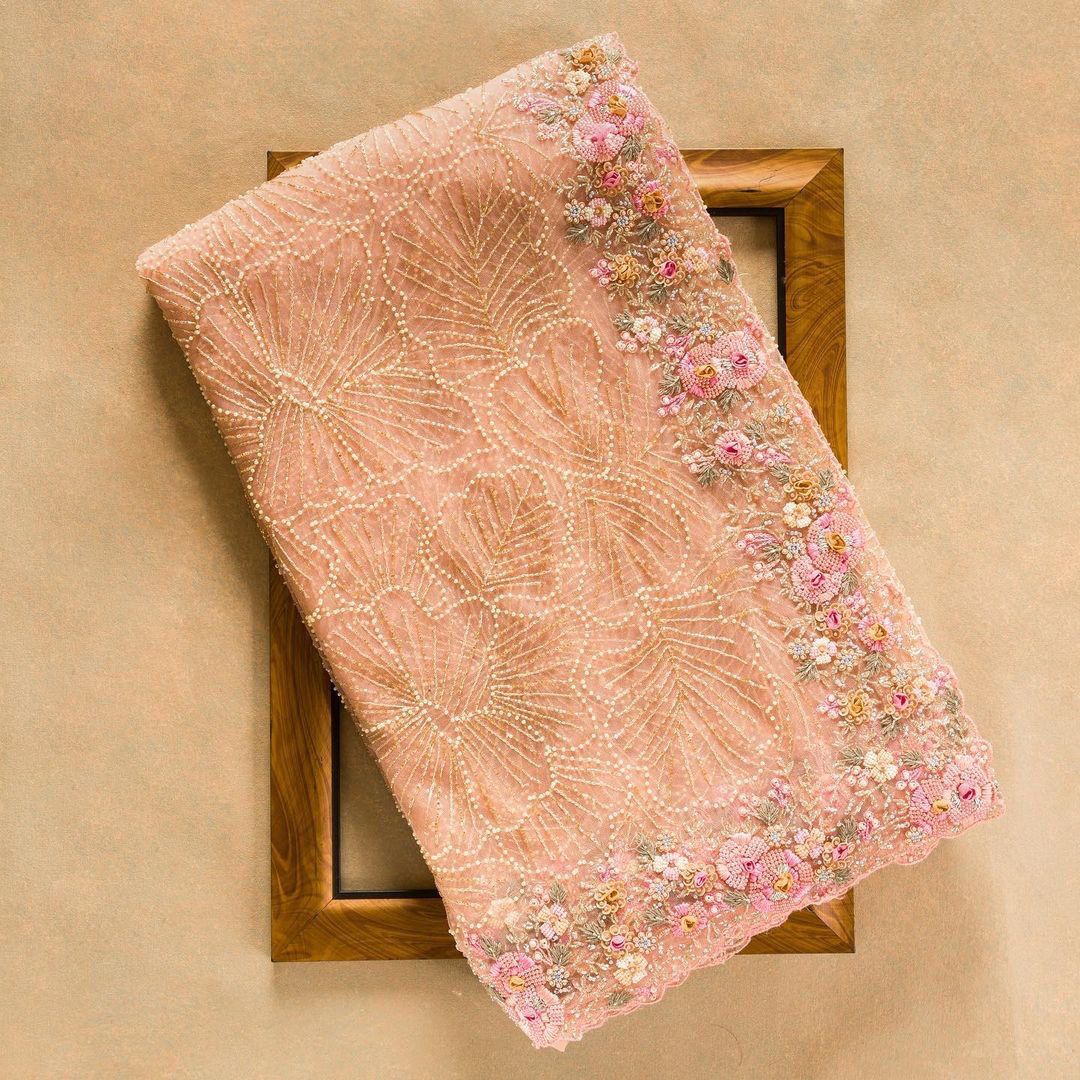 Peach Pure Organza Silk All Over Embroidery Sequence Work Saree