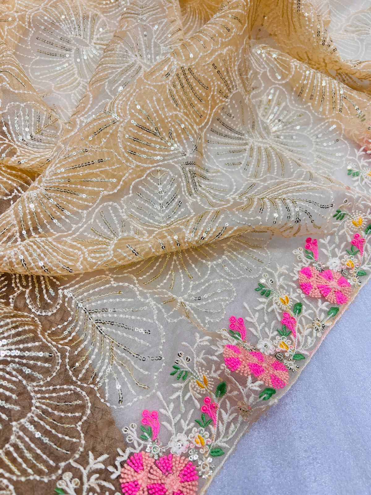 Peach Pure Organza Silk All Over Embroidery Sequence Work Saree