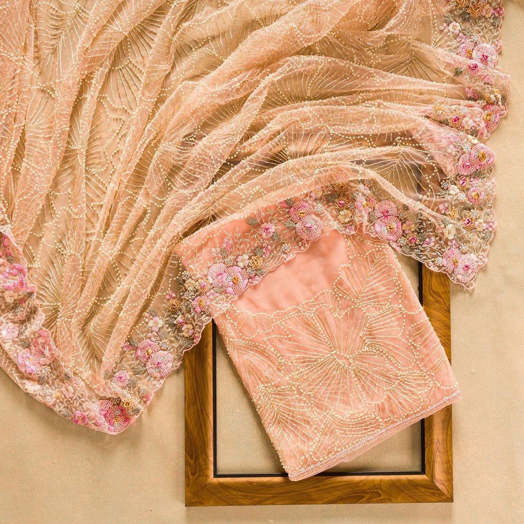 Peach Pure Organza Silk All Over Embroidery Sequence Work Saree