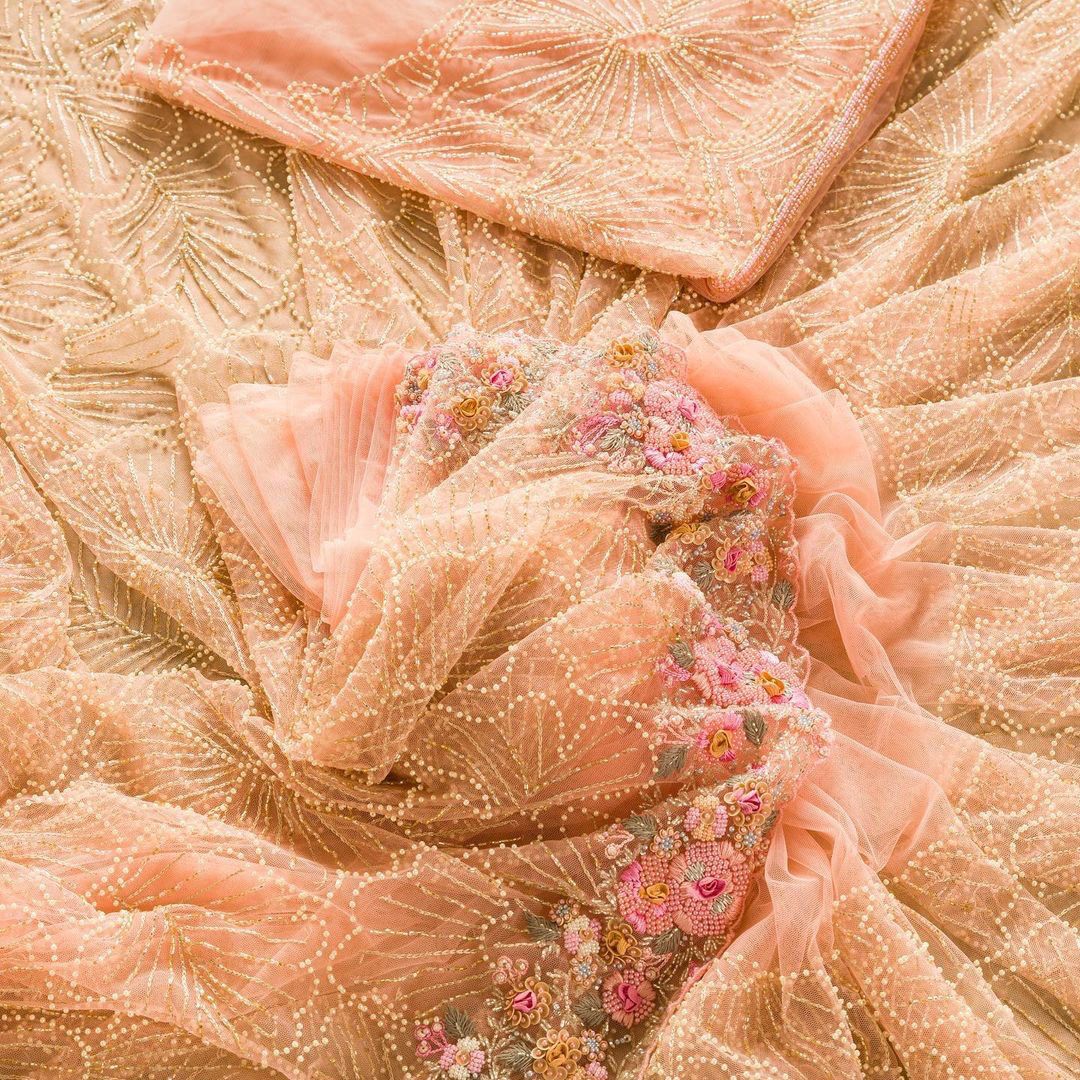 Peach Pure Organza Silk All Over Embroidery Sequence Work Saree