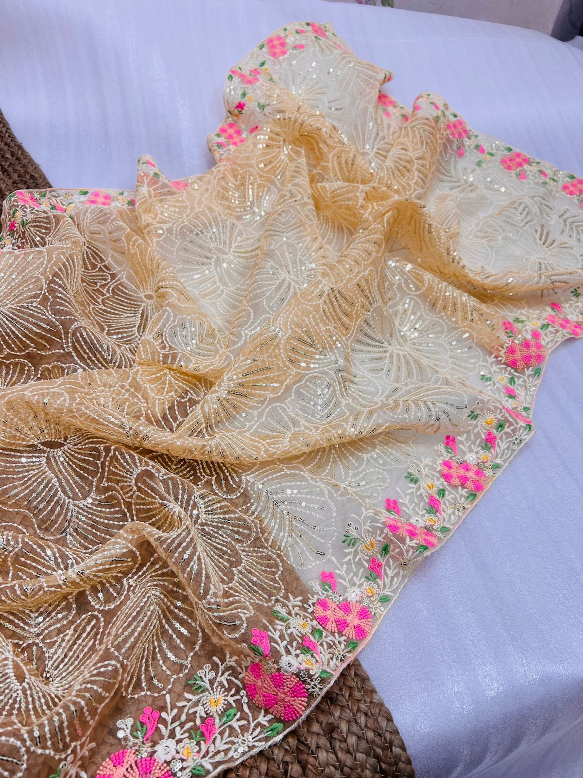 Peach Pure Organza Silk All Over Embroidery Sequence Work Saree