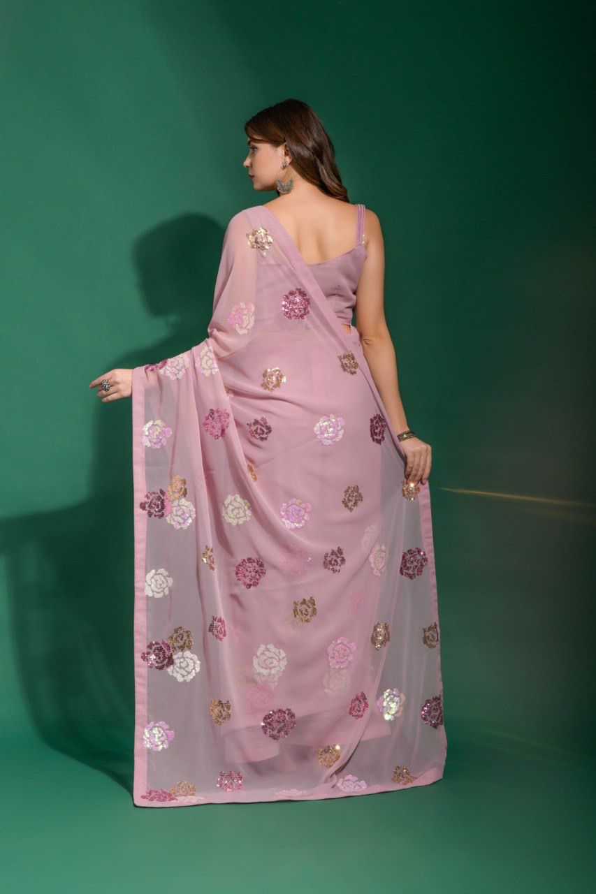 Onion Heavy Georgette Saree All Over Embroidery With Sequence Work