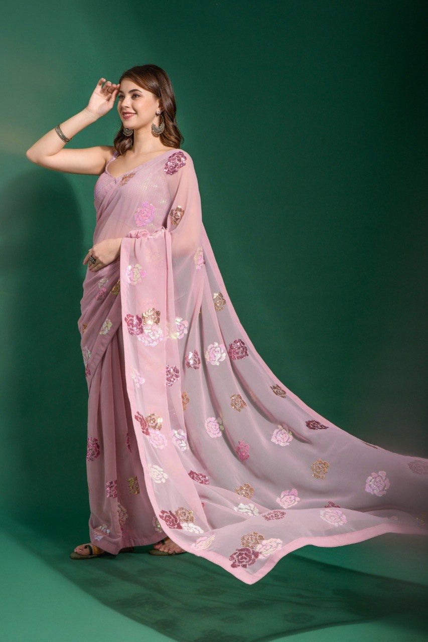 Onion Heavy Georgette Saree All Over Embroidery With Sequence Work