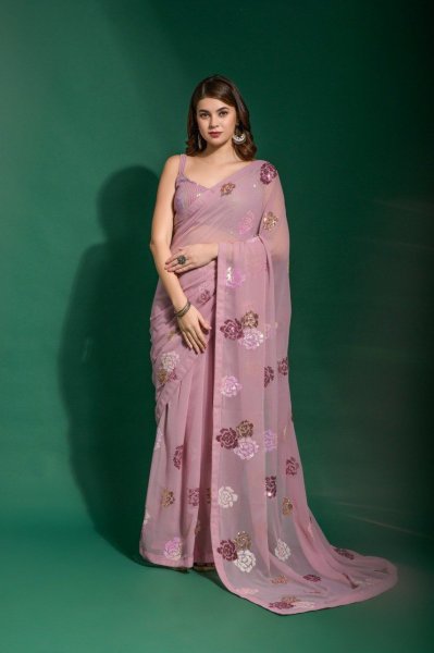 Image of Onion Heavy Georgette Saree All Over Embroidery With Sequence Work