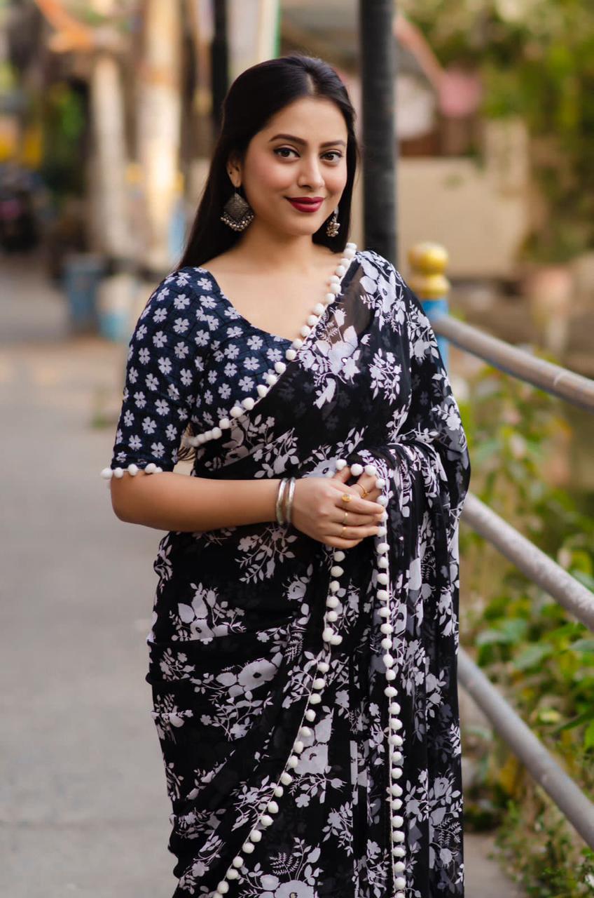 Soft Georgette White Floral Printed Saree With Pom Pom Border