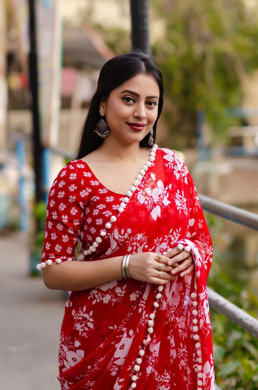 Soft Georgette White Floral Printed Saree With Pom Pom Border