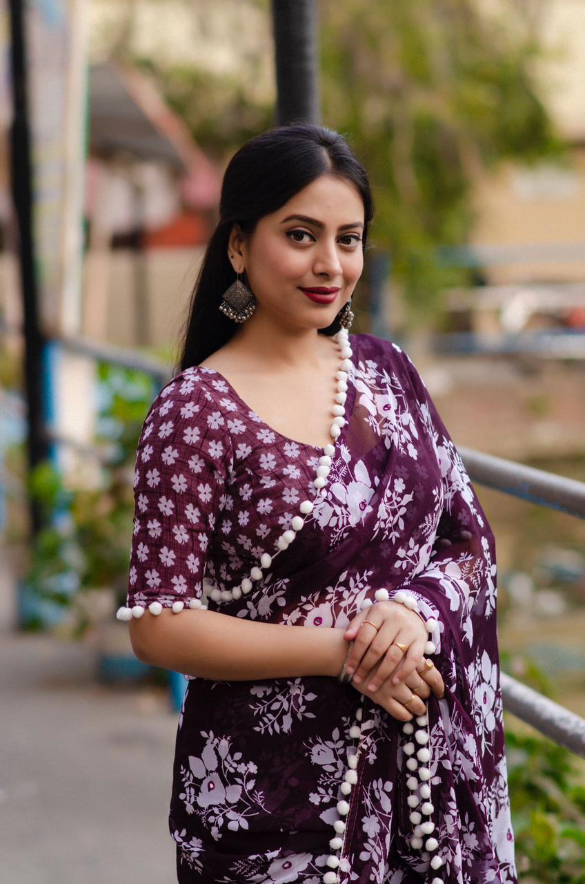 Soft Georgette White Floral Printed Saree With Pom Pom Border