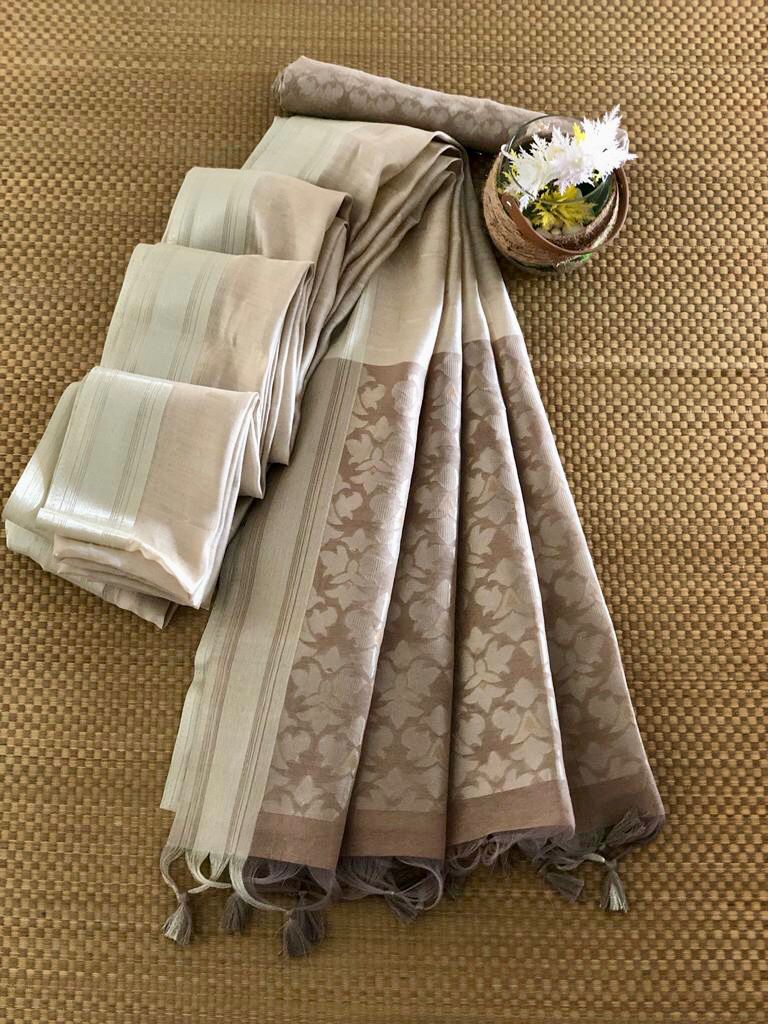 Pure Cotton All Over Silver Zari Weaved Rich Pallu Saree