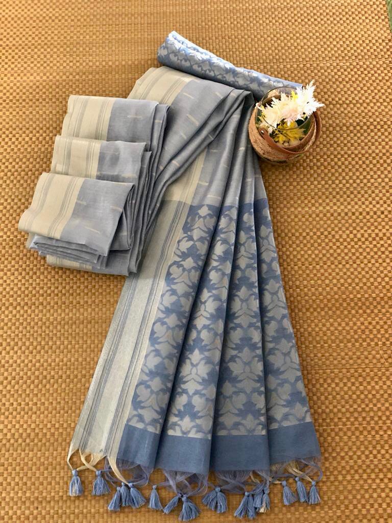 Pure Cotton All Over Silver Zari Weaved Rich Pallu Saree