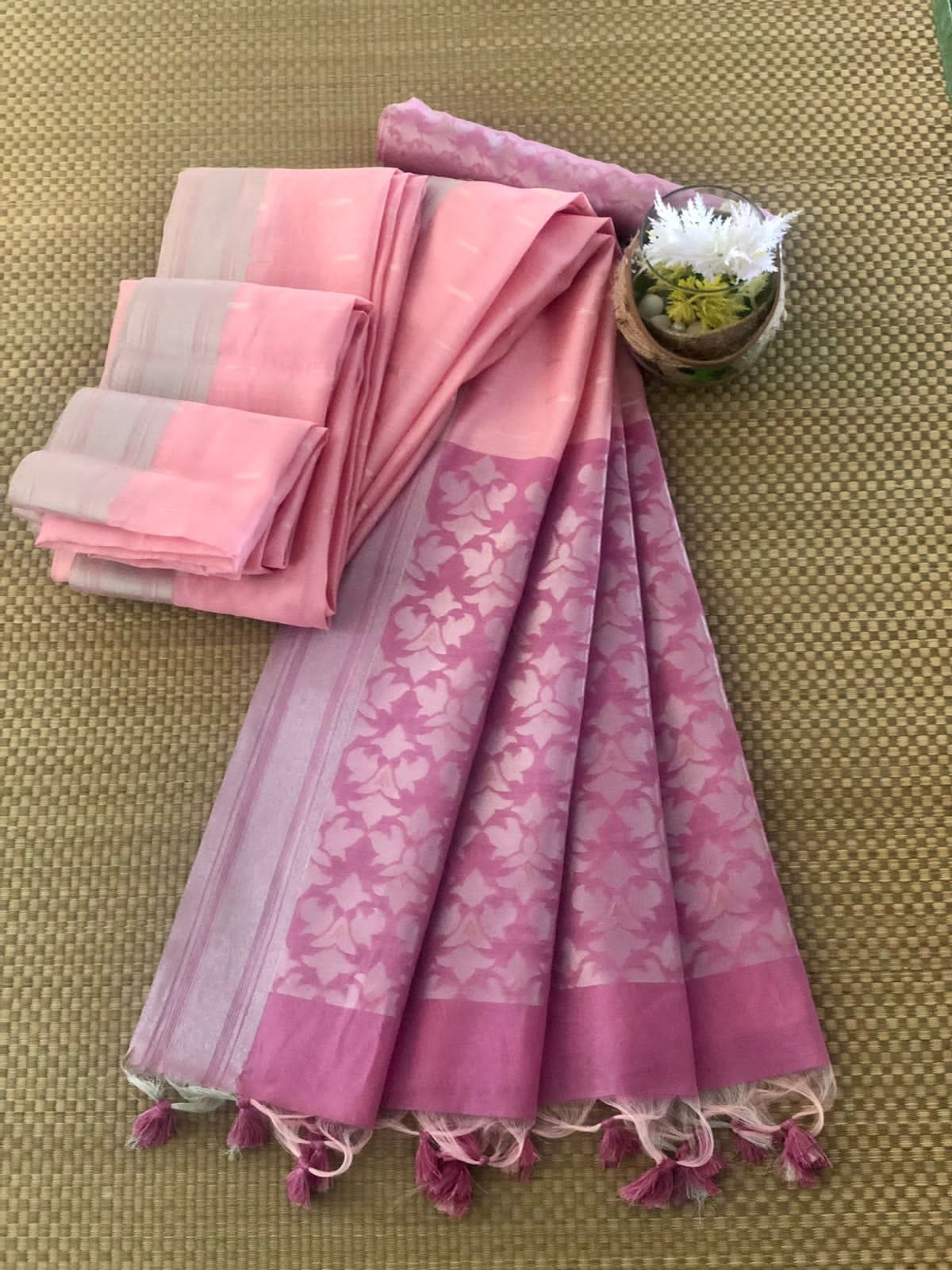 Pure Cotton All Over Silver Zari Weaved Rich Pallu Saree